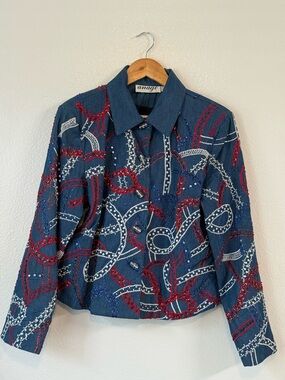 VTG Anage Jacket with Embroidered Beaded Flowers Red White Blue Size M 90s
